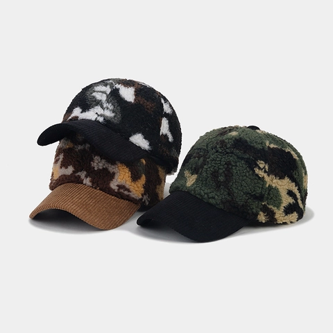 Camouflage Baseballkappe Sherpa Fleece Und Corduroy Dicke Warme Winter Outdoor Verstellbarer Hut Für Herren Damen