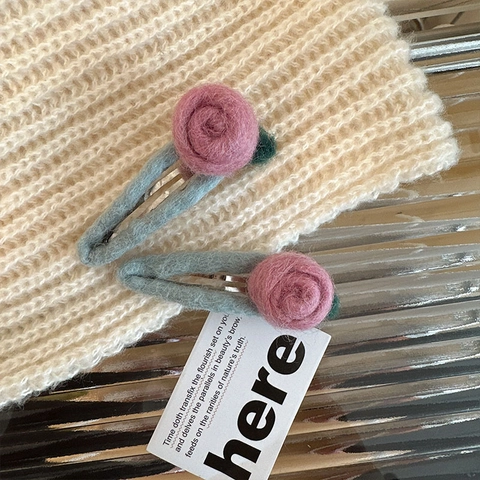 Fermaglio per Capelli con Rosa in Lana Lavorato a Mano Dolce Francese Fermaglio BB Floreale Forcina Laterale Accessori