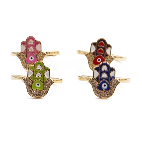 Hamsa Hand Evil Eye Ring Gold Plated Copper Zircon Enamel Heart Shape Adjustable Open Boho Jewelry For Women