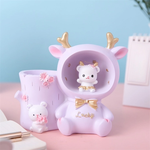 Cartoon Animal Resin Pen Holder With LED Night Light Desktop Stationery Organizer Student Gift Bedroom Decoration