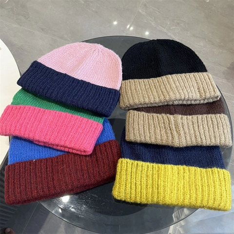 Gorro de Punto de Bloque de Color Cálido de Invierno para Mujer Gorro de Punto Acanalado Casual Chic Sombrero Suave a Prueba de Viento Al Aire Libre
