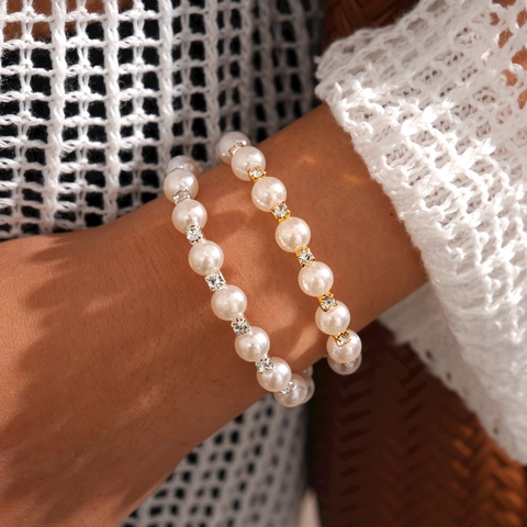 Elegante Pulsera De Perlas Artificiales Con Separadores De Cobre Y Diamantes De Imitación Para Mujer Joyería Minimalista
