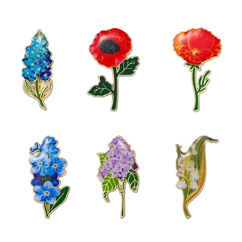 Broches Fleurs Émail Épingles Florales Alliage Zinc Coquelicot Muguet Lilas Myosotis Décor Pour Vêtements Sac