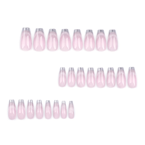 Uñas Postizas Francesas Press On Purpurina Plateada Rosa Nude Espejo Forma De Ataúd Para Mujeres Manicura Artificial
