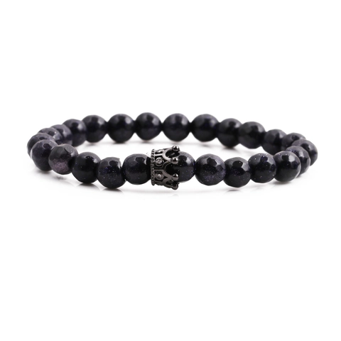 Men Beaded Bracelet Natural Stone Agate Blue Sandstone Crown Charm Alloy Rhinestone Luxury Fashion Hip Hop Jewelry