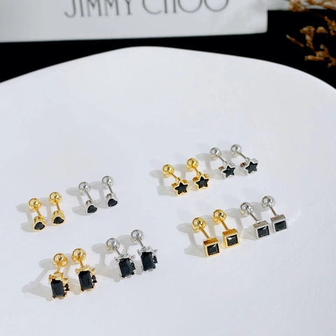 Black Zircon Titanium Stainless Steel Stud Earrings Screw Ball Back Geometric Heart Star Square Minimalist Unisex