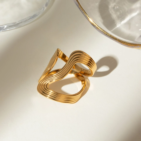 Vintage Wave Irregular Open Ring Stainless Steel Gold Plated Minimalist Adjustable Jewelry For Women