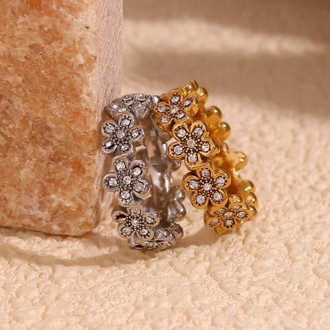 Daisy Flower Ring Stainless Steel 18K Gold Plated Rhinestone Micro Pave Floral Retro Elegant Jewelry For Women Fashionable
