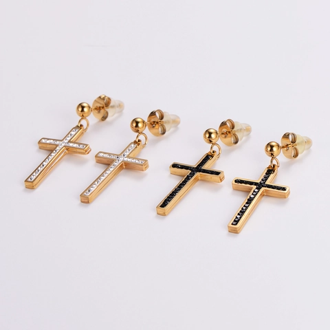 Cross Dangle Stud Earrings 316L Stainless Steel 18K Gold Plated Inlaid Rhinestone Punk Gothic Style For Women