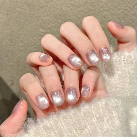 Handmade Press On Nails Cat Eye Silver Gray Shimmer Short Square Round Glitter Fake Nails Reusable Elegant