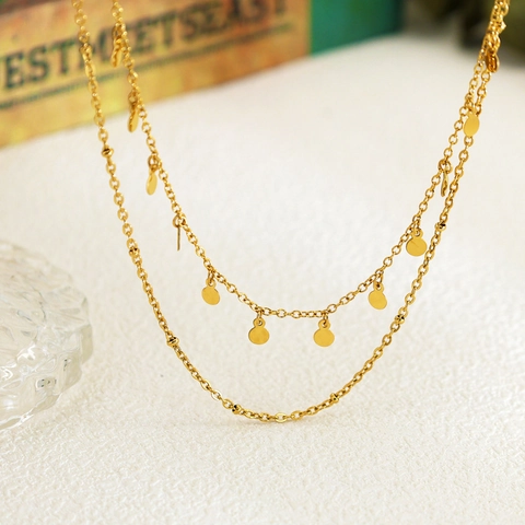 Mehrlagige Edelstahl Halskette Für Damen Gold Beschichtet Rund Scheibe Anhänger Zirkonia Kugelkette Mode Schmuck Pullover Kette