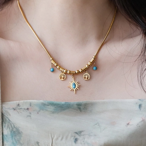 Collana in Acciaio al Titanio Turchese Albero della Vita Boho Vintage Ciondolo Sole Placcato Oro Gioielli Etnici Donna