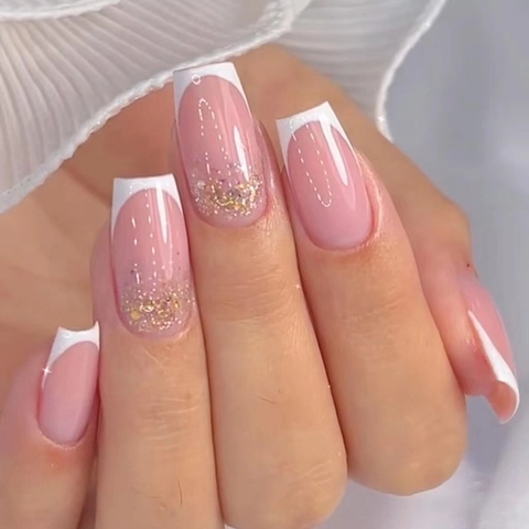 Ballerina Französische Press On Nägel Pinker Farbverlauf Weiße Ränder Eleganter Glitzer Lange Sargform Falsche Nägel Damen