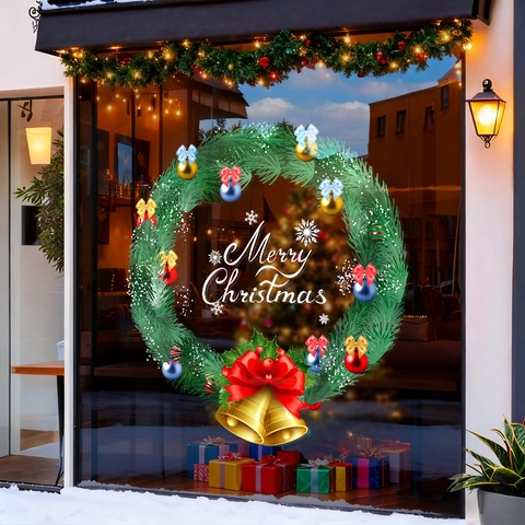 Christmas Wreath Window Sticker Static Cling PVC Double Sided Glass Decal Holiday Party Decor Merry Christmas Lettering