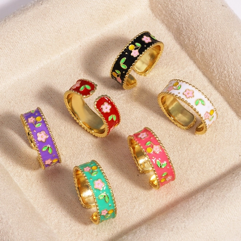 Bague Ouverte En Émail Floral Cuivre Plaqué Or Ajustable Rétro Français Doux Motif Fleur Cerise Bijoux Femme