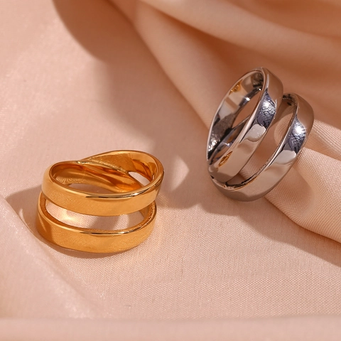 Fashion Stainless Steel Double Layer Cross Ring For Women Gold Silver Plated Minimalist Geometric Finger Ring Commuter Jewelry