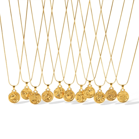 Sternzeichen Relief Rund Anhänger Halskette 18K Vergoldet Edelstahl Schlangenkette Mode Schmuck Damen