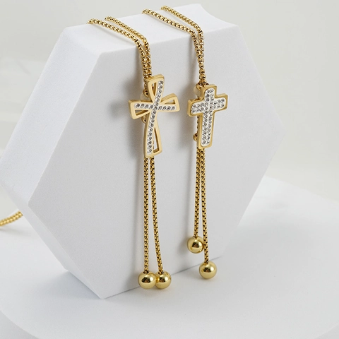 Kreuz Anhänger Halskette 18 Karat Vergoldeter Edelstahl Zirkon Eingelegt Lange Pullover Kette Verstellbar Für Damen