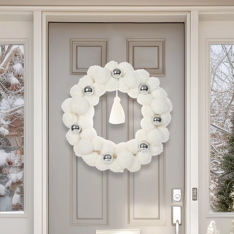 Weihnachts Kranz Weißer Bommel Tür Deko Silberne Kugel Ornamente Warme LED Lichter Quaste Plüsch Winter Dekoration