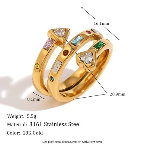 Anillo Aperto A Spirale A 3 Strati Acciaio Inossidabile 316L Placcato Oro 18K Zirconia Cuore Freccia Gioielli Regolabili Da Donna