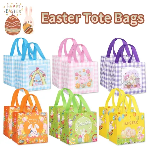 Easter Gift Tote Bag Non Woven Fabric Bunny Egg Cartoon Pattern Reusable Holiday Party Treat Goodie Bags