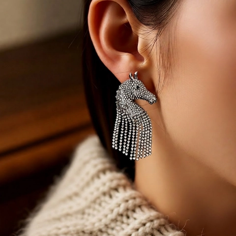 Alloy Horse Head Rhinestone Tassel Dangle Earrings With Silver Earring Post Vintage Luxury Fashion Jewelry For Women