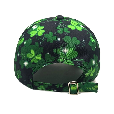 St. Patrick's Day Baseballkappe mit Kleeblatt-Druck Verstellbarer Sonnenhut Atmungsaktiv Grün Schwarz Gebogene Krempe Kopfbedeckung für Party Damen Herren