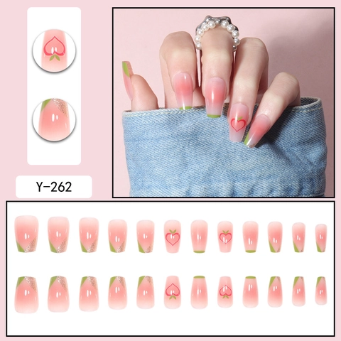 Press On Nails French Tip Cœur Dégradé Rose Pêche Faux Ongles Cercueil Longs Style Fille Douce Ongles Artificiels