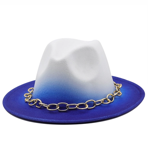 Ombre Fedora Hoed Met Grote Gouden Metalen Ketting Brede Rand Wolvilt Vintage Jazz Pet Voor Dames Heren