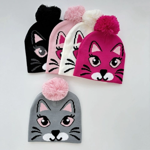 Kinder Strickmütze Acryl Winter Warm Pompon Cartoon Katze Muster Jacquard Kälteschutz Mütze Für Kleinkinder