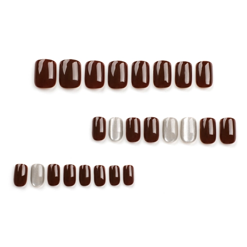 Short Square Press On Nails Dark Coffee Brown Cat Eye Shimmer Minimalist Glossy False Nails For Women Manicure Art