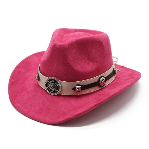 Vintage Suede Cowboy Hat Western Style With Rivet Belt Buckle Wide Brim Outdoor Sun Protection Fedora For Men Women