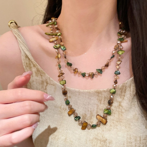 Collar De Cuentas De Doble Capa Fragmentos De Concha Vintage Resina Cuentas De Vidrio Forma Irregular Estilo Boho Étnico Joyería Mujer