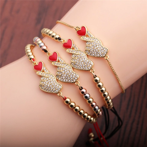 Heart Hand Gesture Bracelet Copper With Zircon And Enamel Charm Adjustable Trendy Jewelry For Women