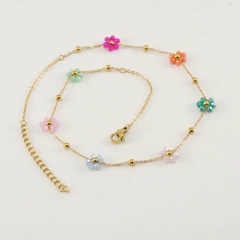 Crystal Flower Necklace Stainless Steel 18K Gold Plated Floral Beaded Chain Elegant Jewelry For Women
