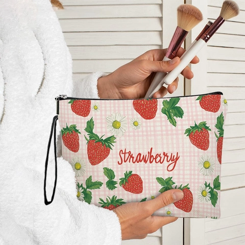 Erdbeere Gingham Floral Leinen Kosmetiktasche Tragbare Reißverschluss Make-Up Beutel Mit Handschlaufe Reise Organizer Damen