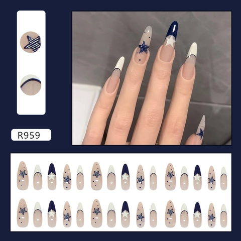 Uñas Postizas Con Punta Francesa Azul Patrón Estrellas Retro Forma Almendra Larga Plástico ABS Para Mujeres Elegante