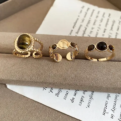 Vintage Tiger Eye Stone Round Open Ring 18K Gold Plated Copper Adjustable Finger Jewelry For Women