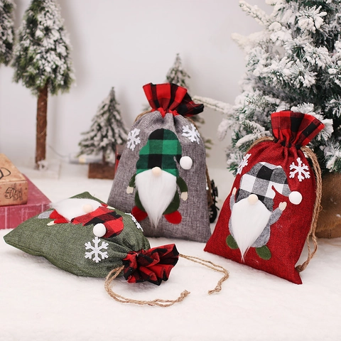 Weihnachts Geschenktüten Sackleinen Kordelzug Partybeutel Gnome Applikation Buffalo Karo Schneeflocke Feiertag Süßigkeiten Verpackung