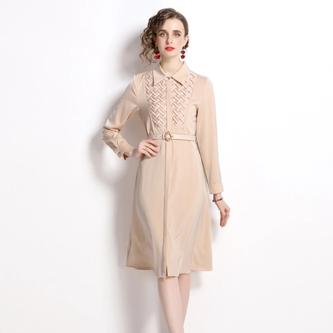 Abito Camicia Midi Elegante A Maniche Lunghe Albicocca Con Dettaglio Intrecciato E Cintura Colletto Risvolto Ufficio