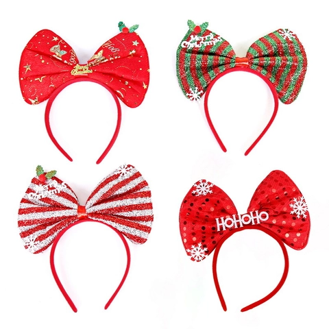 Christmas Bow Headband Sequins Polyester Plastic Snowflake HoHoHo Decorative Hair Accessory For Xmas Holiday Red Green