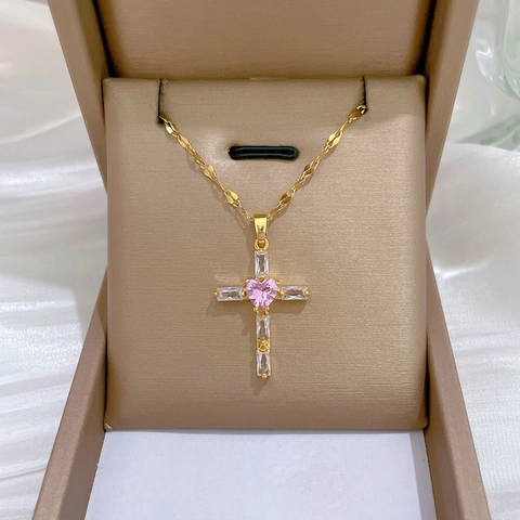 Cross Pendant Necklace Stainless Steel Copper Pink Heart Zircon Baguette Stones Elegant Jewelry For Women