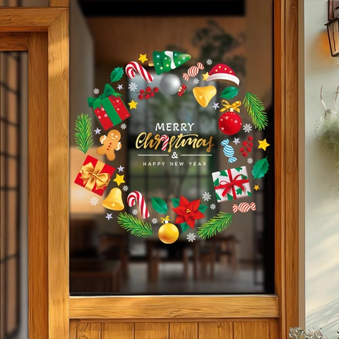 Christmas Wreath Window Sticker Static Cling PVC Reversible Festive Decor Gingerbread Man Bell For Shop Home Display