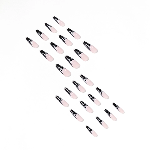 Uñas Postizas Largas Coffin Press On Puntas Francesas Negras Patrón De Llama Blanca Estilo Bailarina Brillante Para Mujeres Uso Fácil