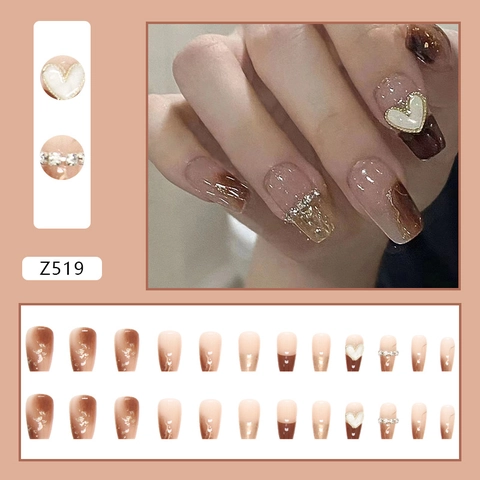 Unghie Press On Sfumate Caramello Catena Strass Bordo Dorato Cuore Conchiglia Foglia Oro Unghie Finte Manicure Per Donna