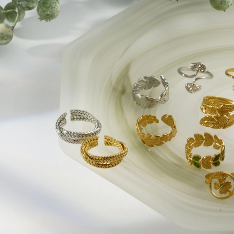 Französische Retro Blatt Feder Edelstahl Offene Ringe Für Damen Verstellbar 18 Karat Vergoldet Versilbert Emaille Ring Schmuck Geschenk