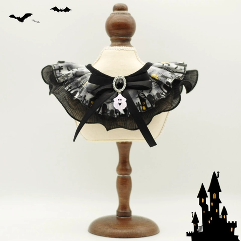 Halloween Pet Collar Lace Bib With Large Satin Bow And Ghost Bell Pumpkin Print Adjustable Neck Accessory For Cats Dogs