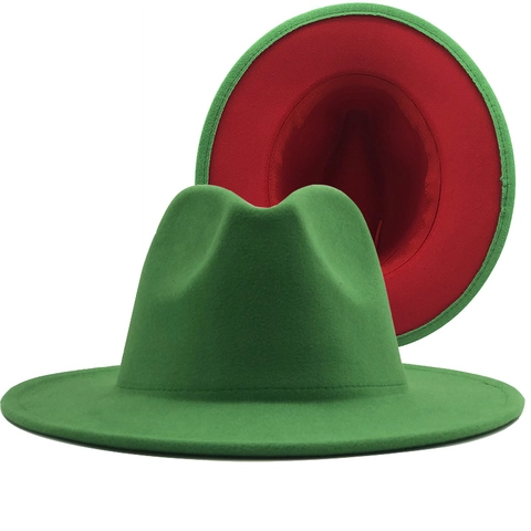 Wool Felt Fedora Hat Wide Brim Jazz Hat Contrast Color Green And Red Flat Brim Classic Pinch Crown Fashion Unisex