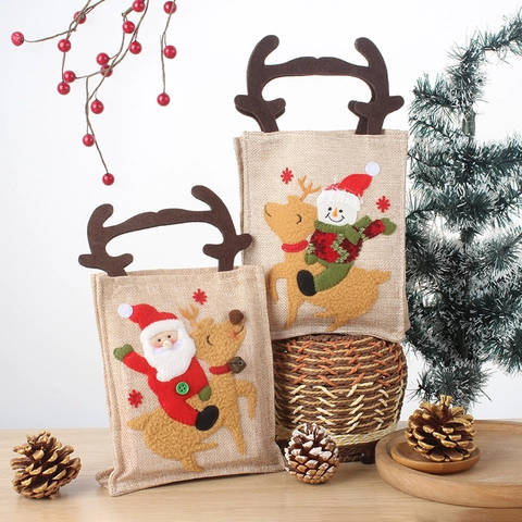 Christmas Gift Candy Bags Burlap Fabric Antler Handle Santa Snowman Embroidery Festive Party Treat Handbags