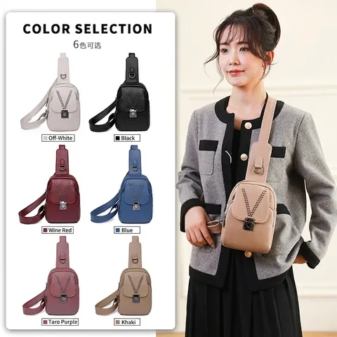Women PU Leather Chest Bag V Shaped Rivets Solid Color Retro Crossbody Waist Pack Earphone Hole For Travel Daily Wear